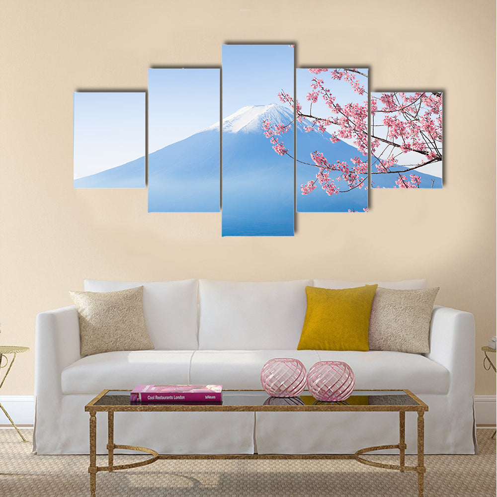 Mt. fuji and cherry blossom at lake kawaguchiko multi panel canvas wall art