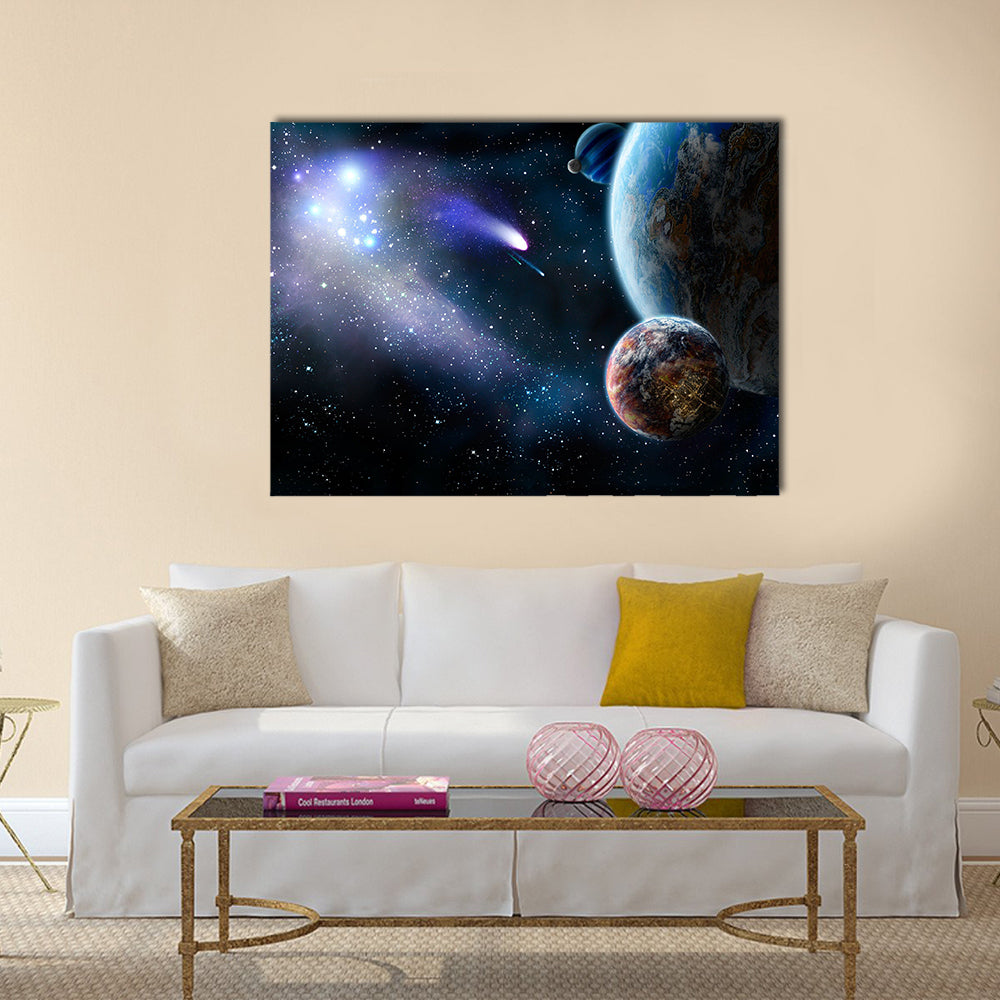 The group of comets of space attacks peace planets Multi Panel Canvas Wall Art