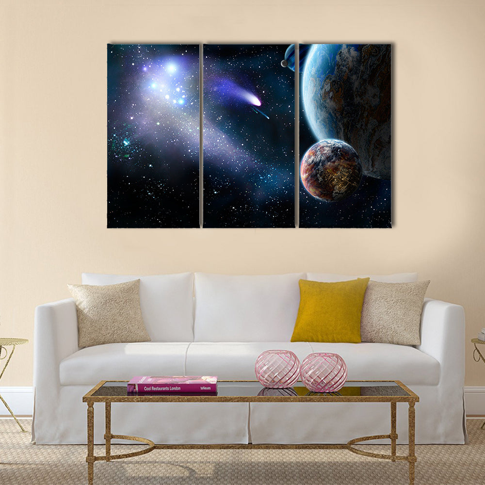 The group of comets of space attacks peace planets Multi Panel Canvas Wall Art
