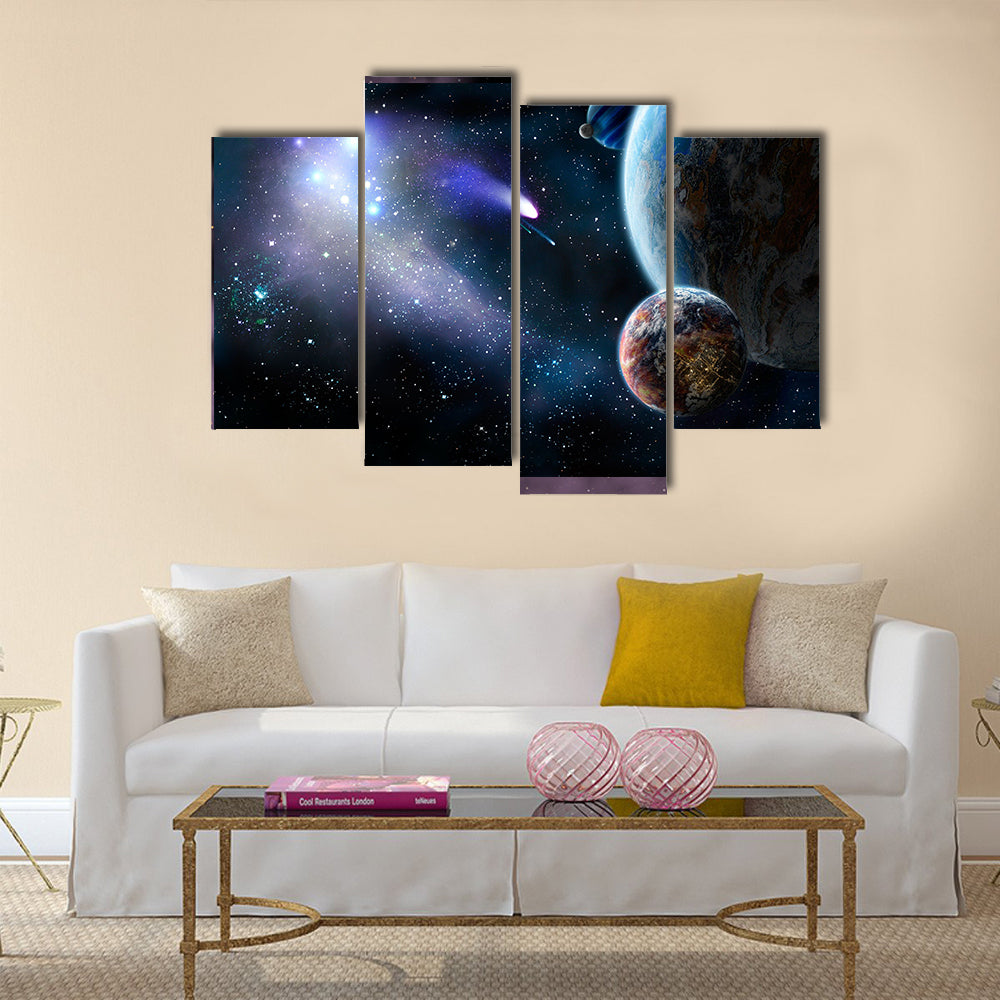 The group of comets of space attacks peace planets Multi Panel Canvas Wall Art