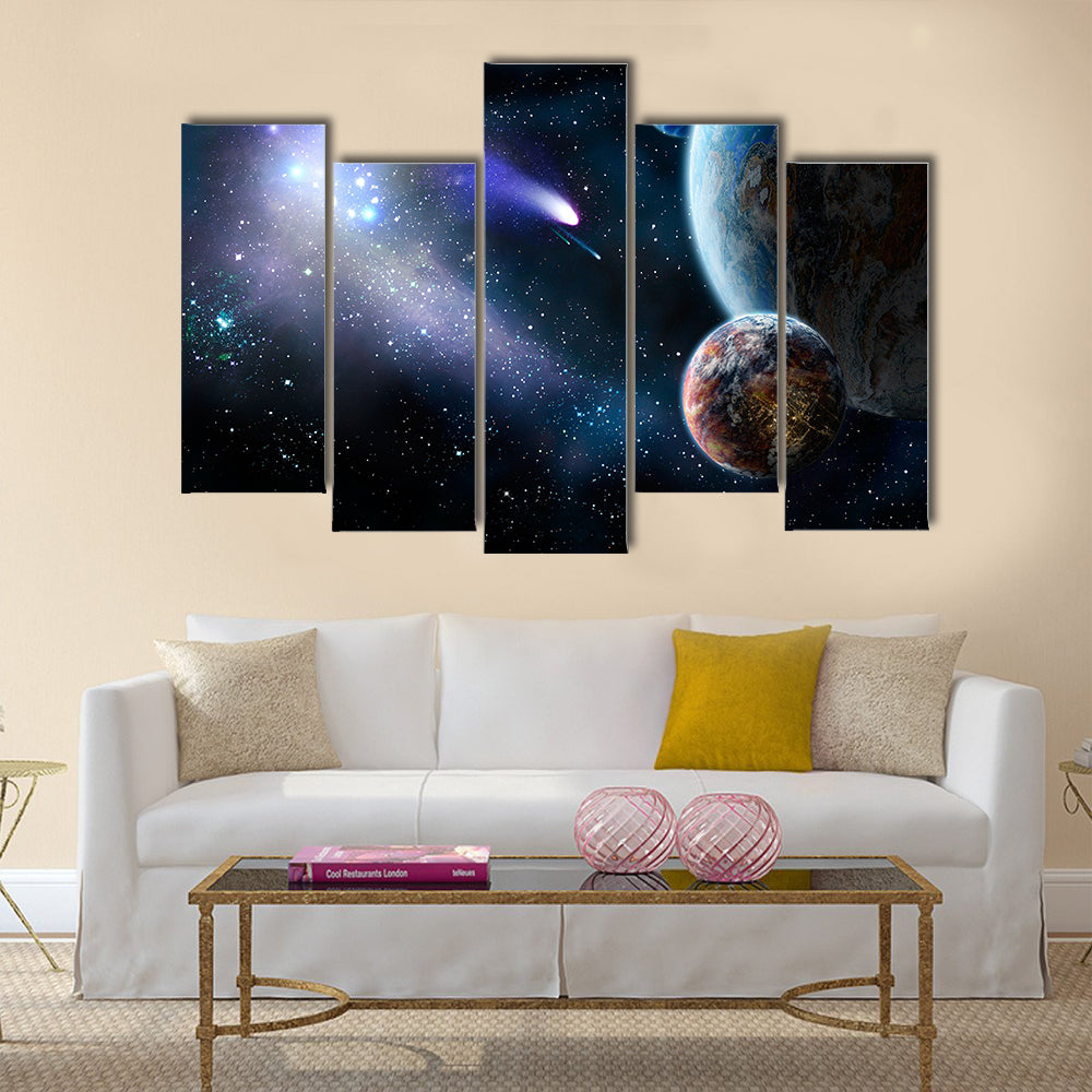 The group of comets of space attacks peace planets Multi Panel Canvas Wall Art