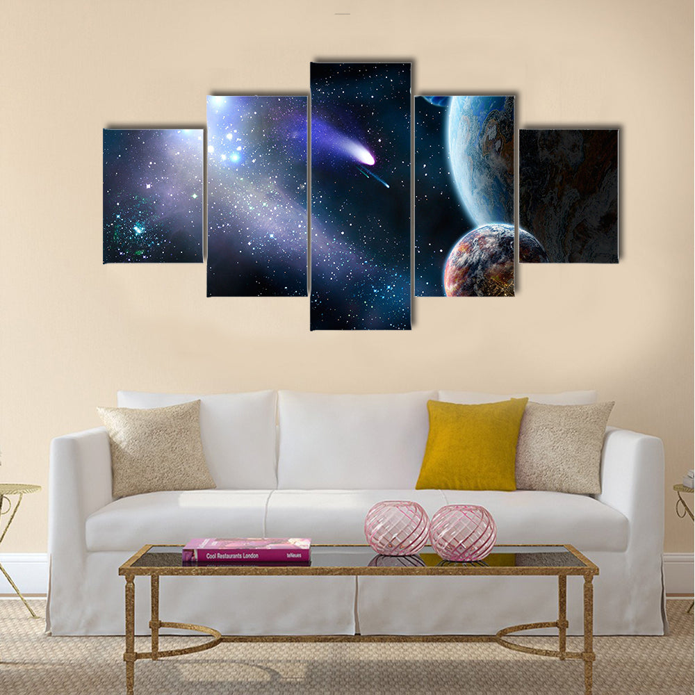 The group of comets of space attacks peace planets Multi Panel Canvas Wall Art