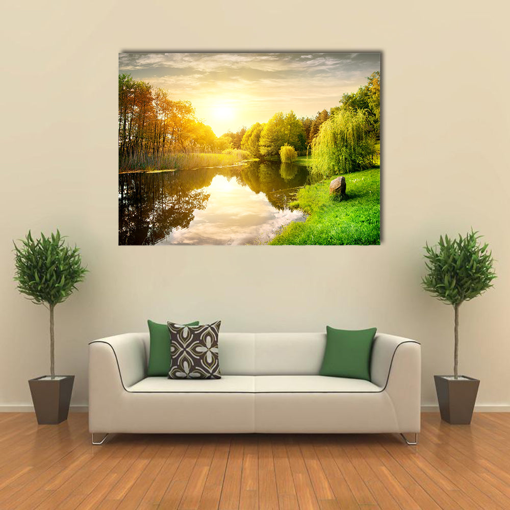 Sunset over calm river in the park multi panel canvas wall art