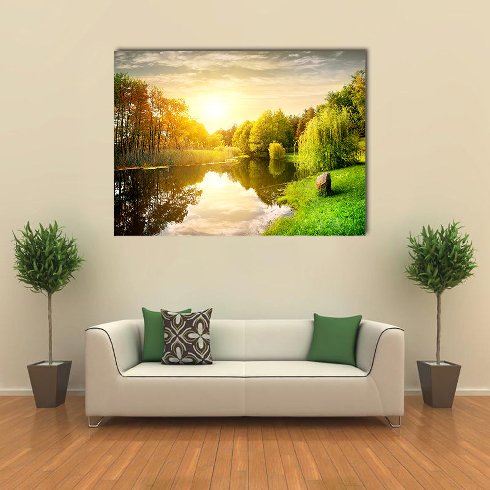 Sunset over calm river in the park multi panel canvas wall art
