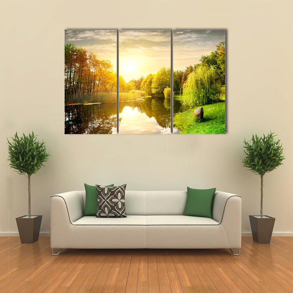 Sunset over calm river in the park multi panel canvas wall art