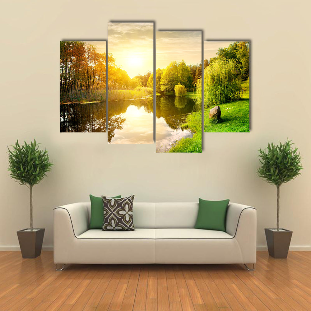 Sunset over calm river in the park multi panel canvas wall art