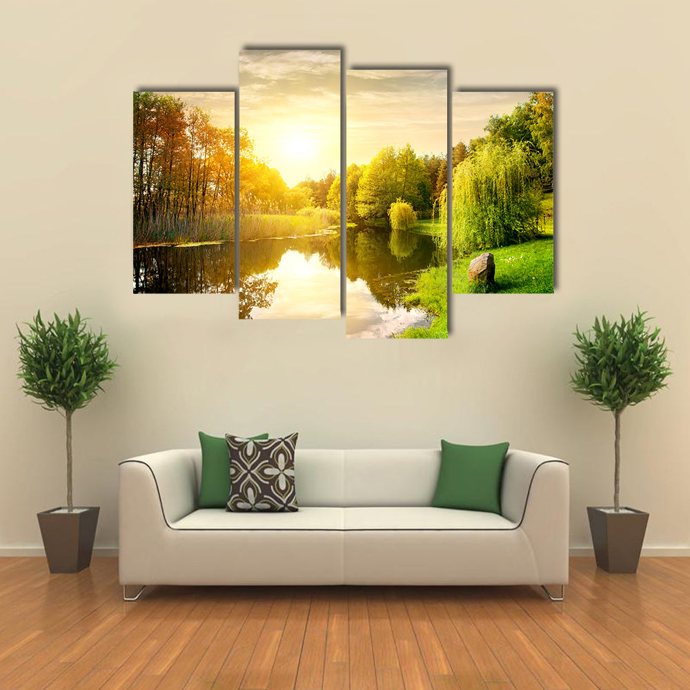 Sunset over calm river in the park multi panel canvas wall art