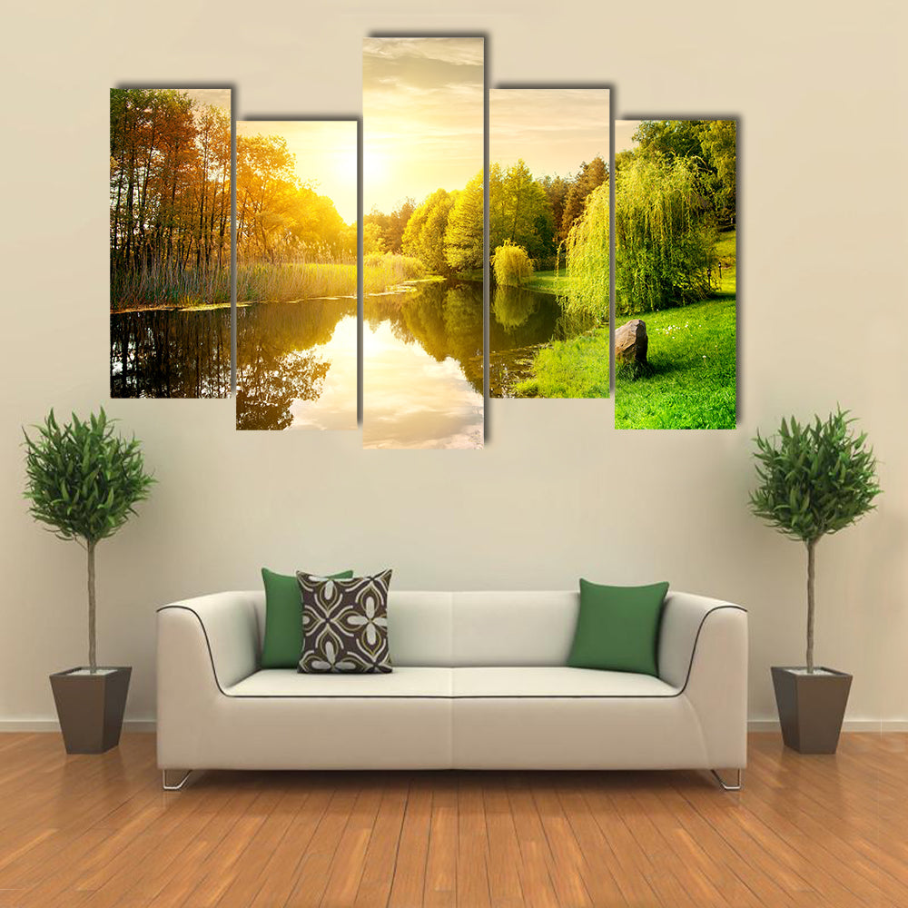Sunset over calm river in the park multi panel canvas wall art