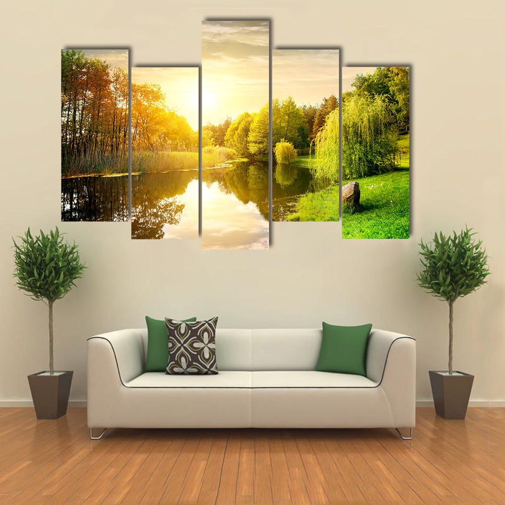 Sunset over calm river in the park multi panel canvas wall art