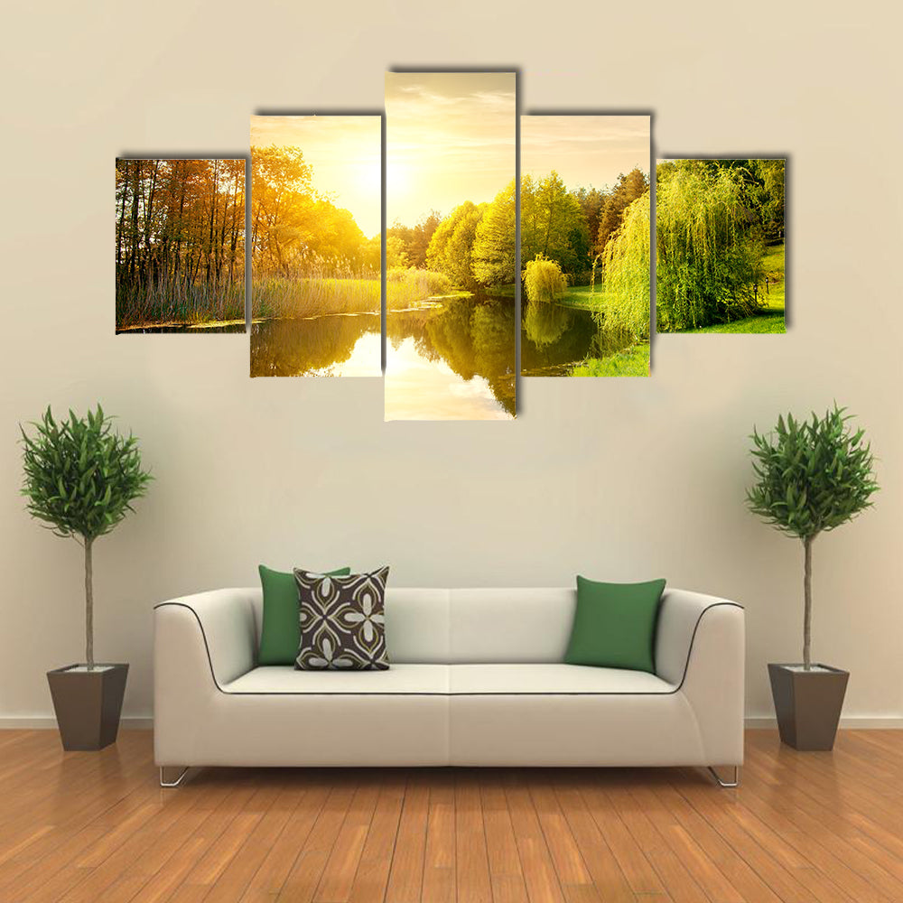 Sunset over calm river in the park multi panel canvas wall art