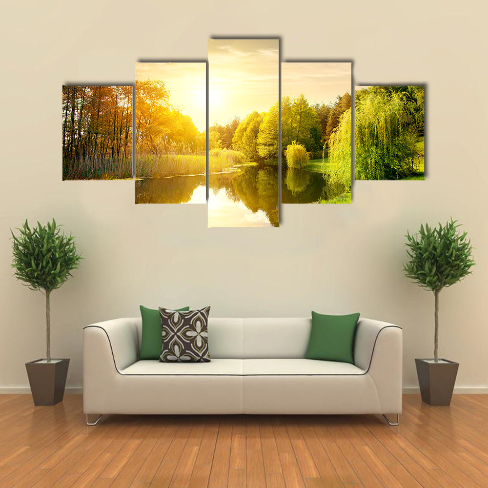 Sunset over calm river in the park multi panel canvas wall art