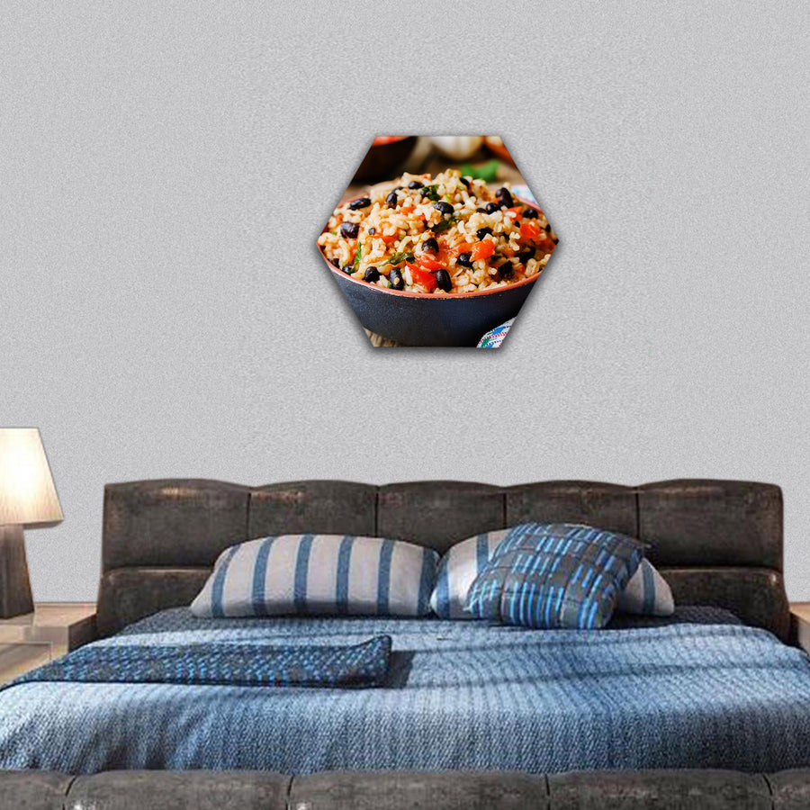 Mexican tomato black beans rice with cilantro hexagonal canvas wall art