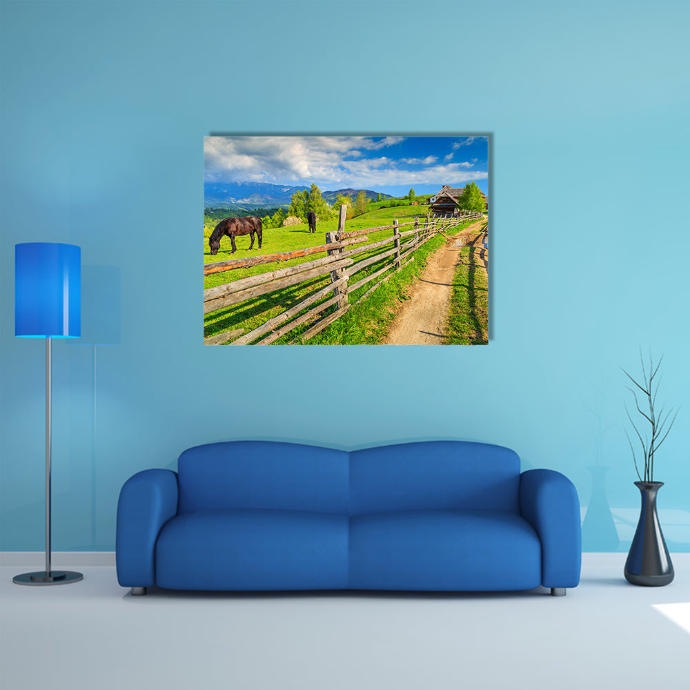 Alpine rural landscape with grazing horses on the green fields, Bran, Transylvania, Romania, Europe multi panel canvas wall art