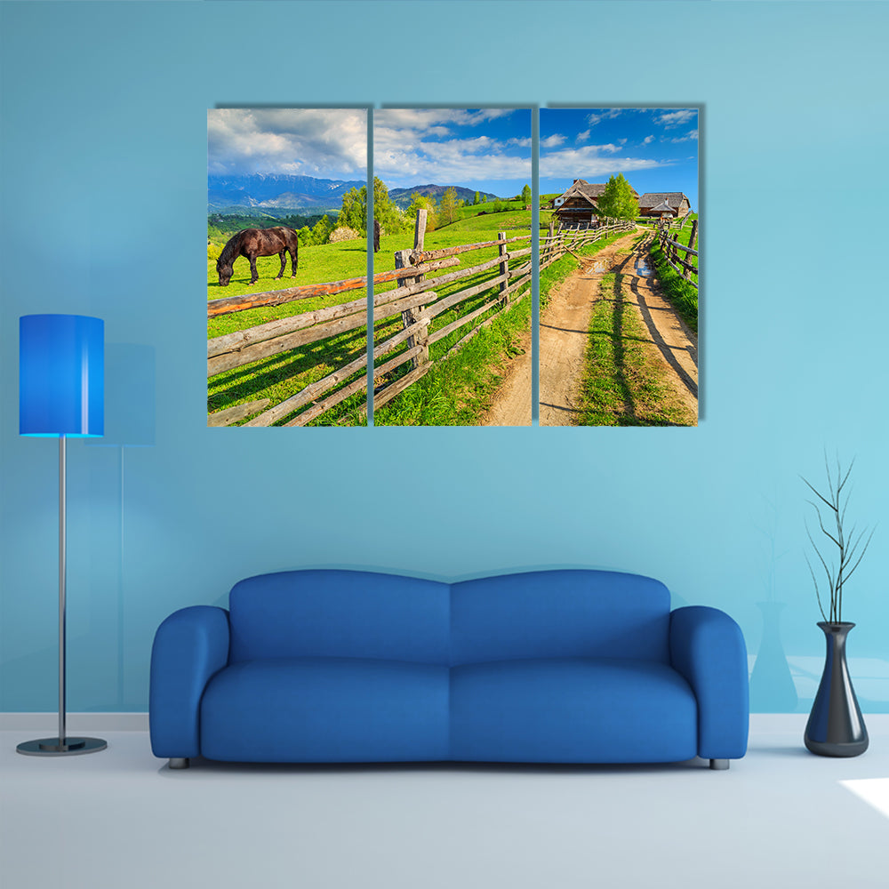 Alpine rural landscape with grazing horses on the green fields, Bran, Transylvania, Romania, Europe multi panel canvas wall art