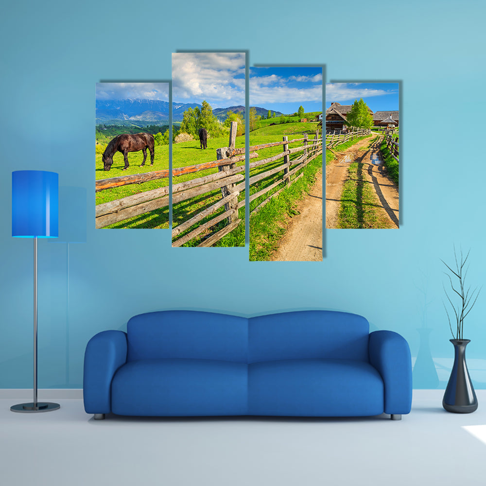 Alpine rural landscape with grazing horses on the green fields, Bran, Transylvania, Romania, Europe multi panel canvas wall art