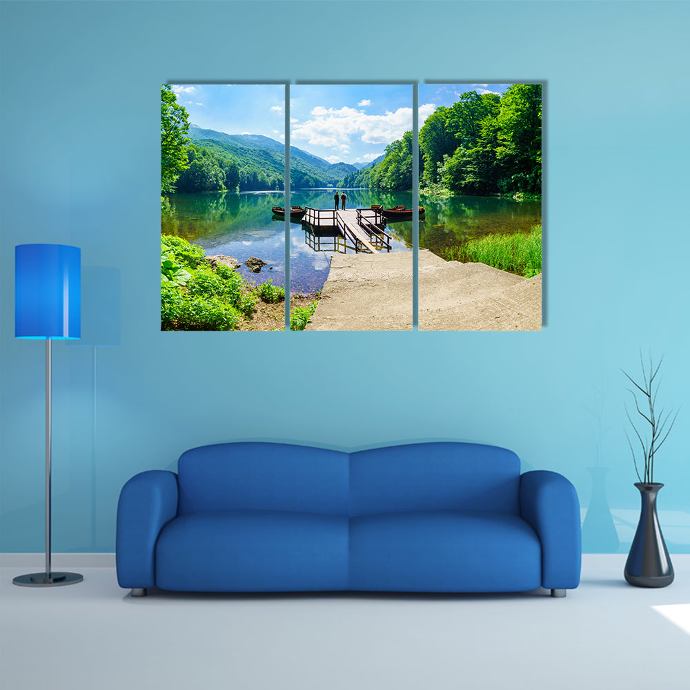 Fisherman on a pier in Lake Biograd Biogradsko jezero, Montenegro multi panel canvas wall art