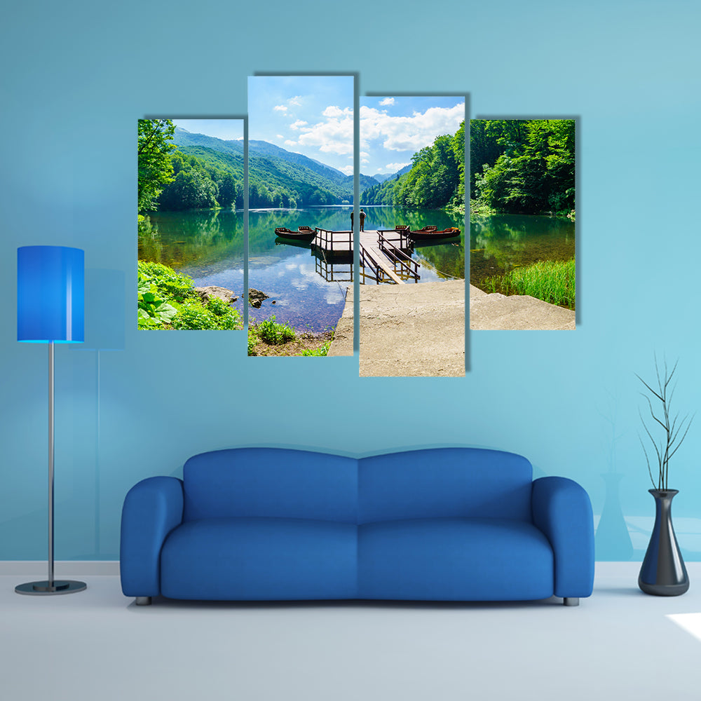 Fisherman on a pier in Lake Biograd Biogradsko jezero, Montenegro multi panel canvas wall art