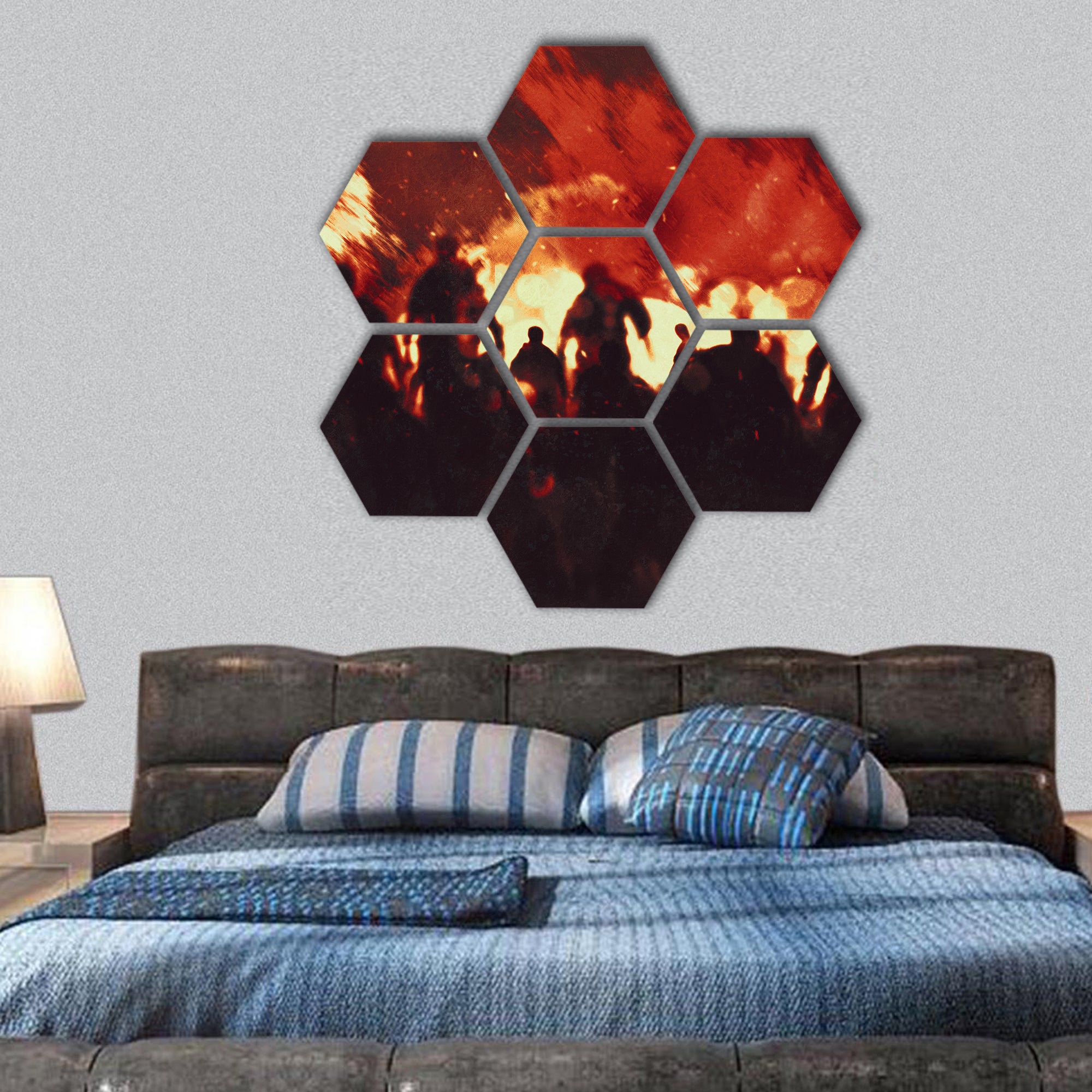 Burning fire flames illustration painting hexagonal canvas wall art