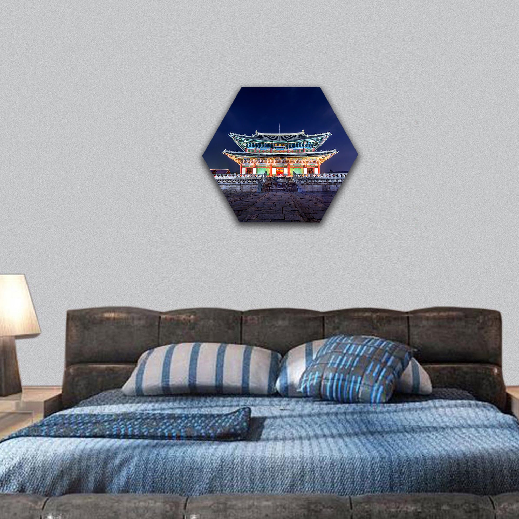 Gyeongbokgung Palace and Milky Way at night in seoul hexagonal canvas wall art