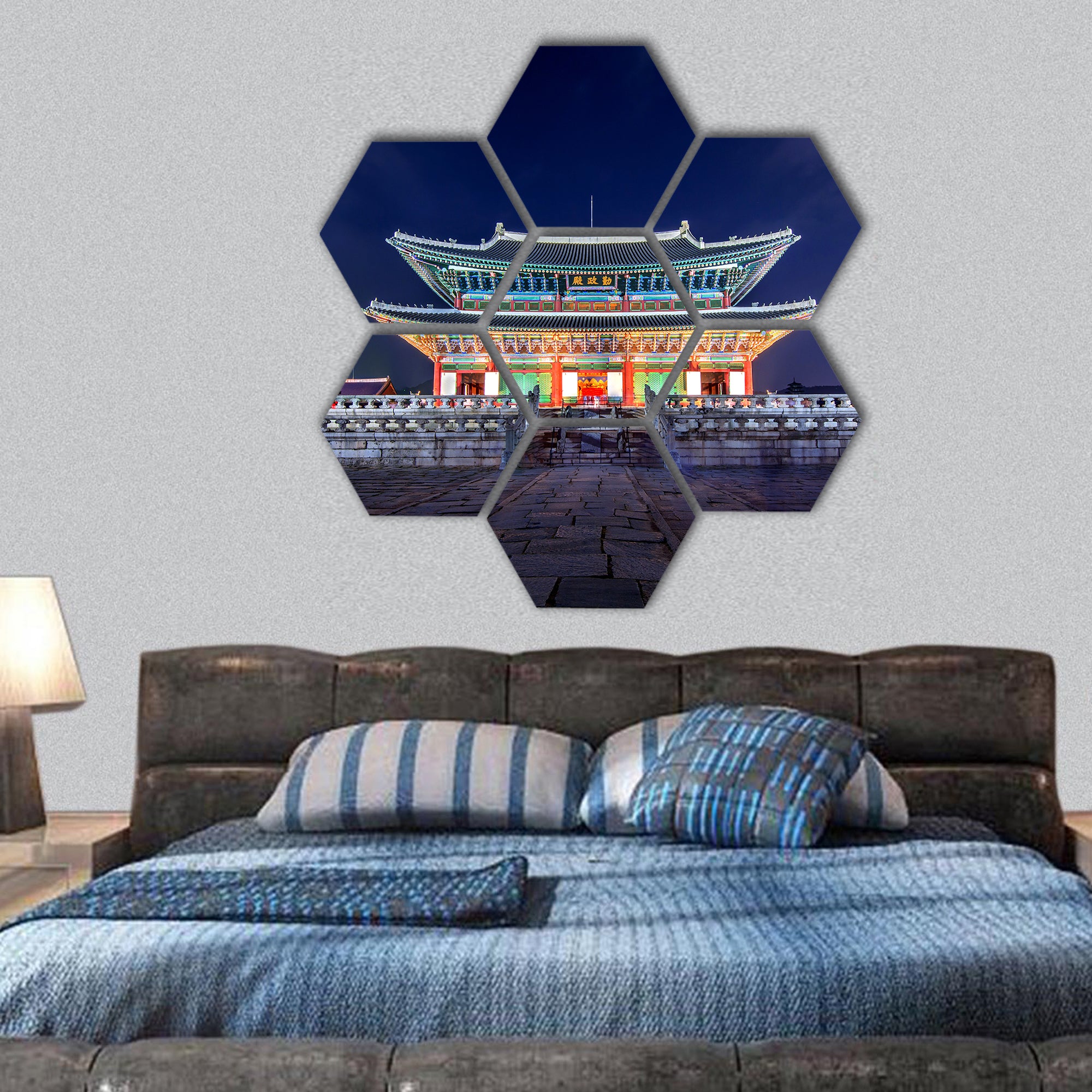 Gyeongbokgung Palace and Milky Way at night in seoul hexagonal canvas wall art