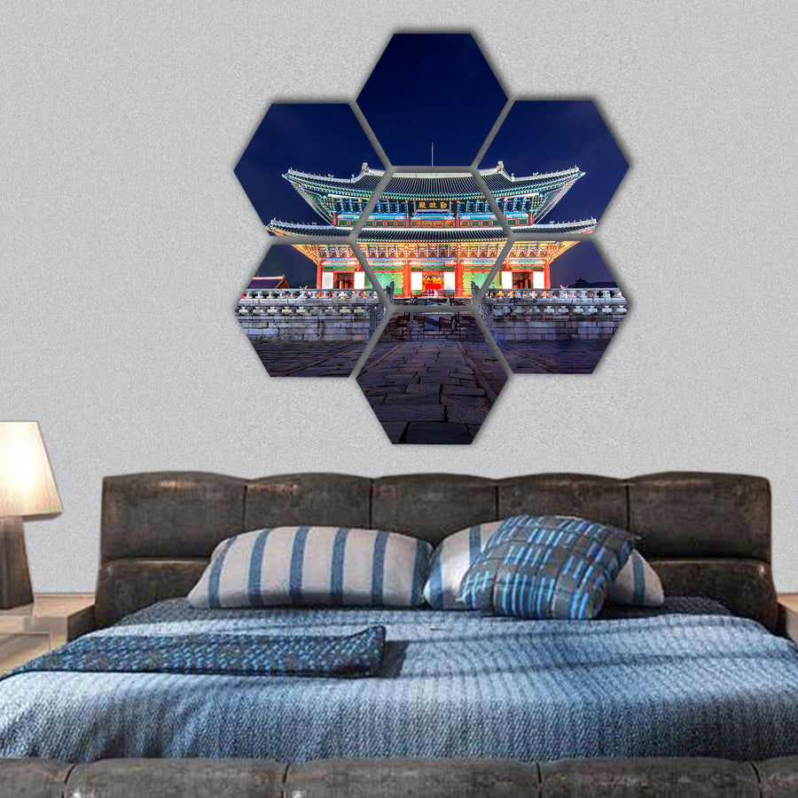 Gyeongbokgung Palace and Milky Way at night in seoul hexagonal canvas wall art