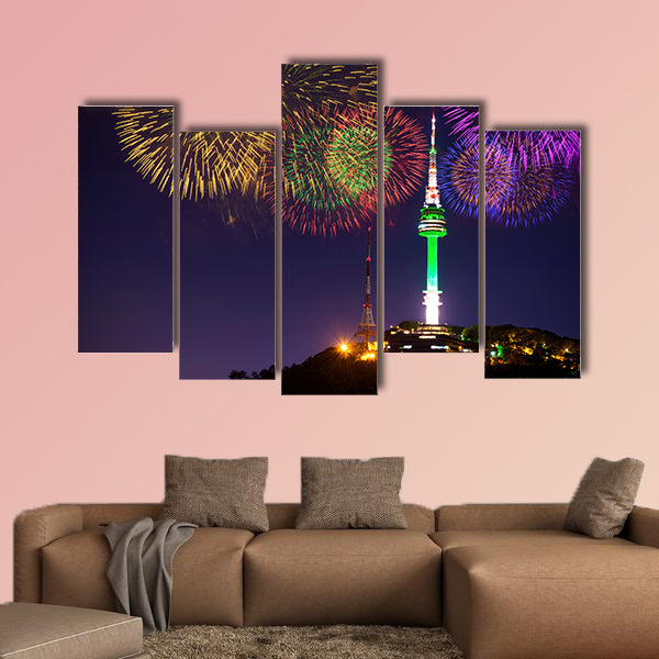 Seoul tower and firework in Korea multi panel canvas wall art