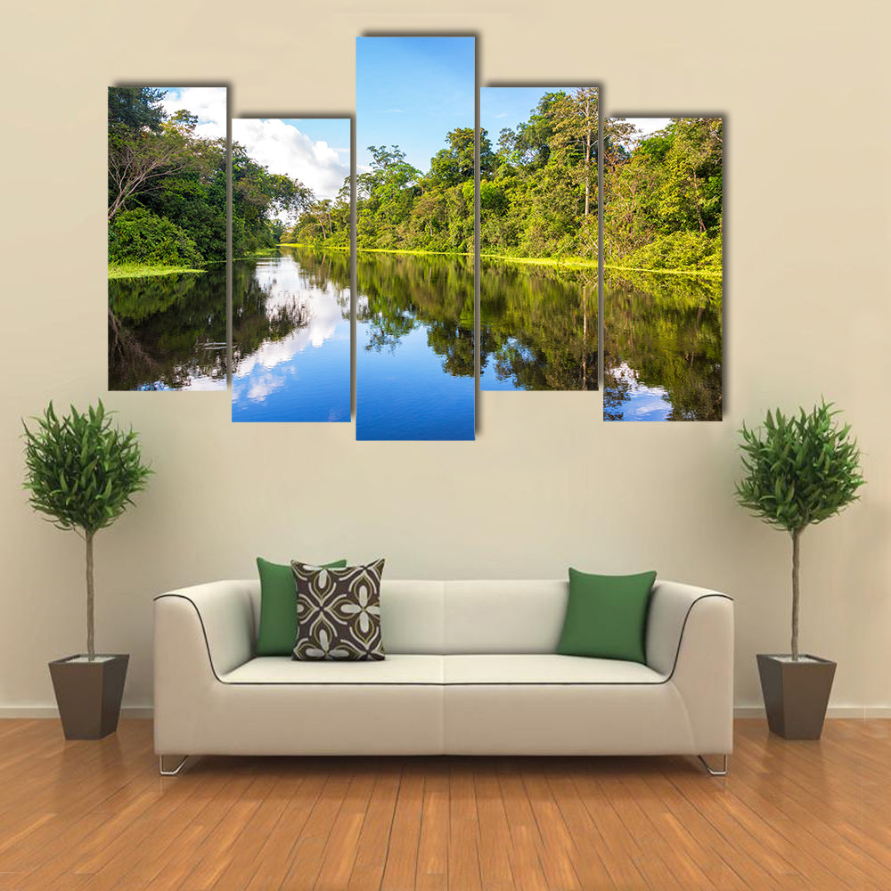 Amazon rain forest perfectly reflected in a small river near Iquitos, Peru multi panel canvas wall art