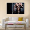 Handsome young man in shorts, doing exercises for biceps, on a dark background in the studio, Multi panel canvas wall art