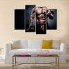 Handsome young man in shorts, doing exercises for biceps, on a dark background in the studio, Multi panel canvas wall art