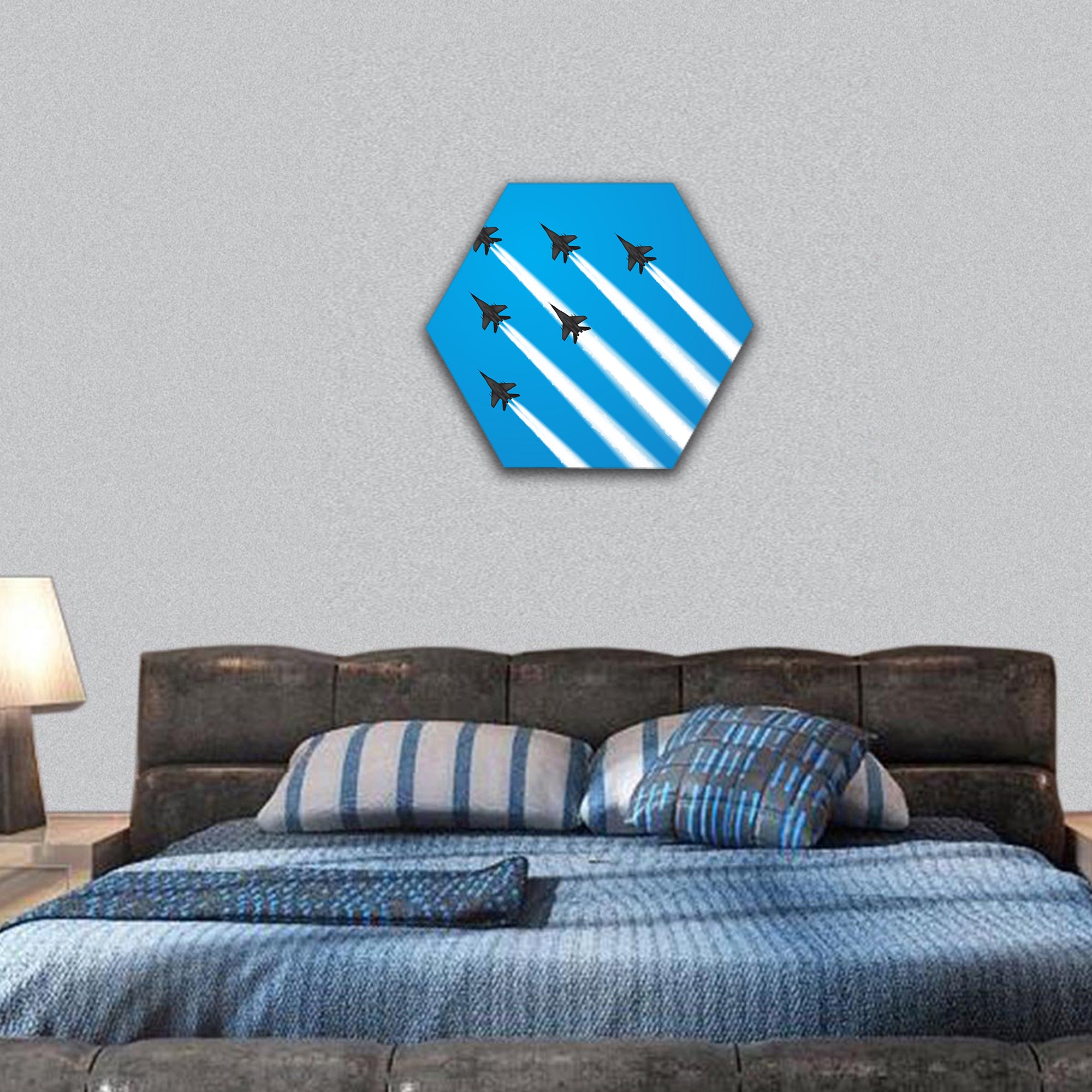 Military fighter jets during demonstration hexagonal canvas wall art