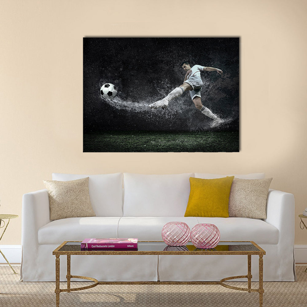 Splash of drops around football player under water Multi panel canvas wall art