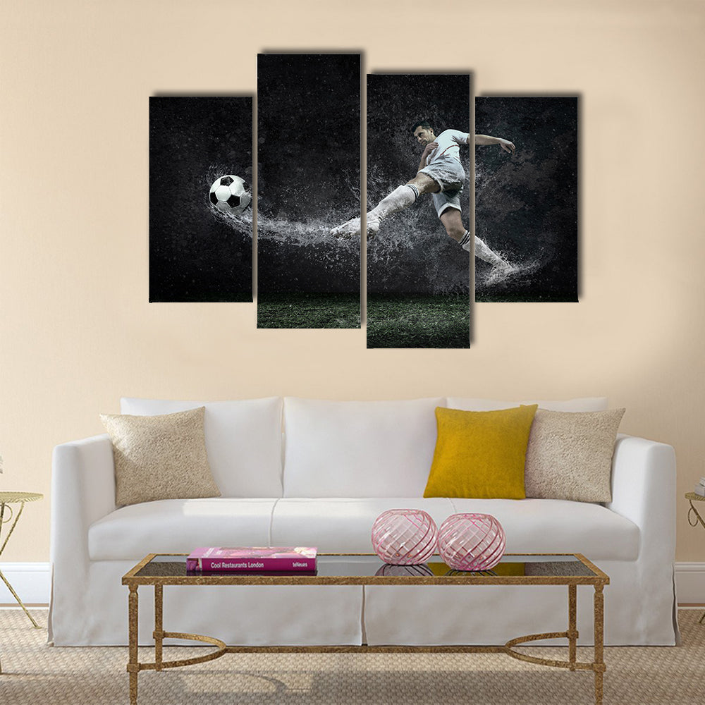 Splash of drops around football player under water Multi panel canvas wall art