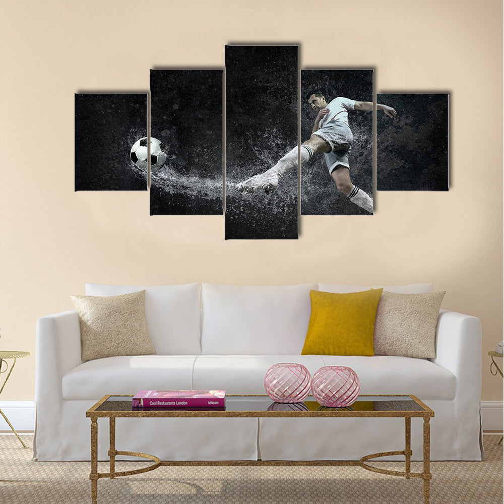 Splash of drops around football player under water Multi panel canvas wall art