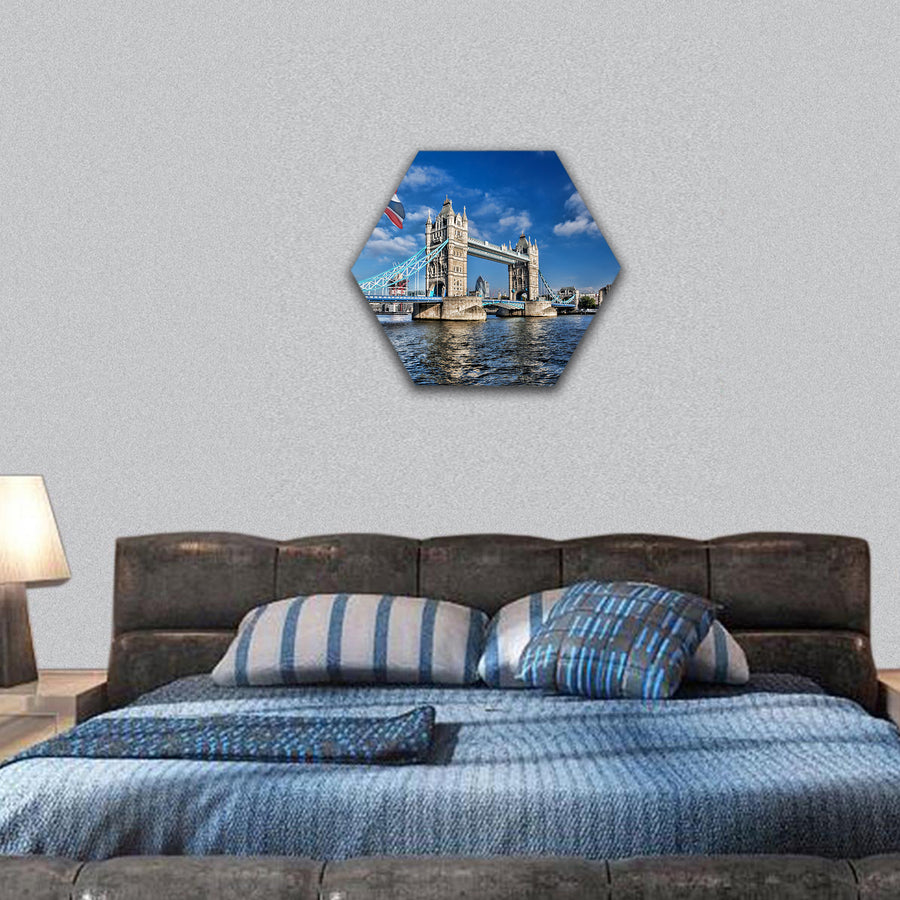 Tower Bridge with flag of England in London, UK hexagonal canvas wall art