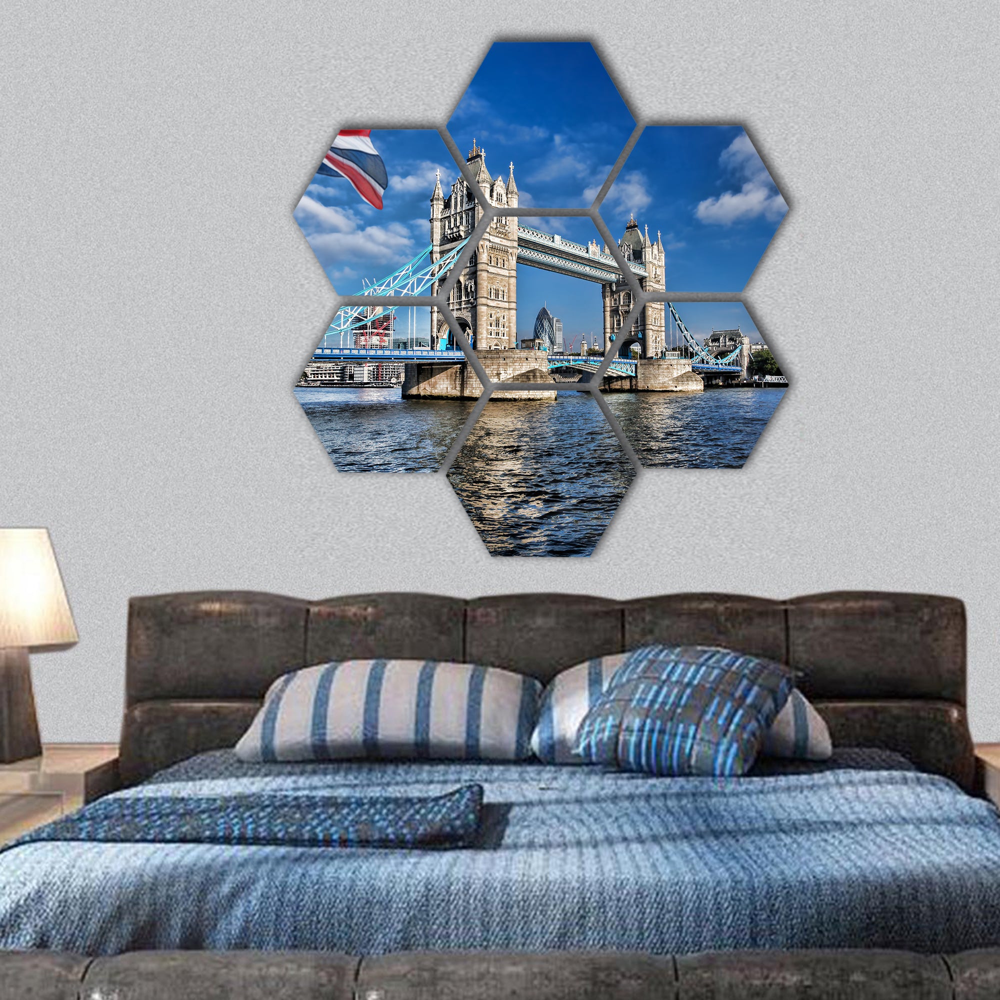Tower Bridge with flag of England in London, UK hexagonal canvas wall art