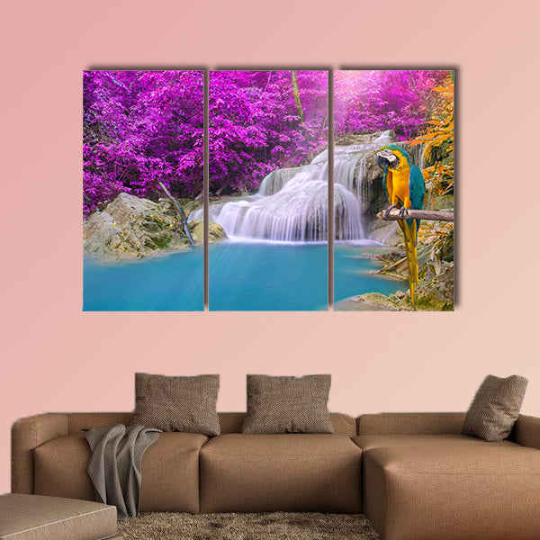 Parrot macaw against tropical waterfall in deep forest multi panel canvas wall art