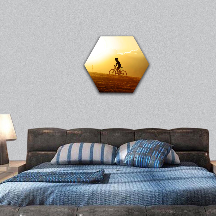 silhouette of sport man cycling uphill riding hexagonal canvas wall art