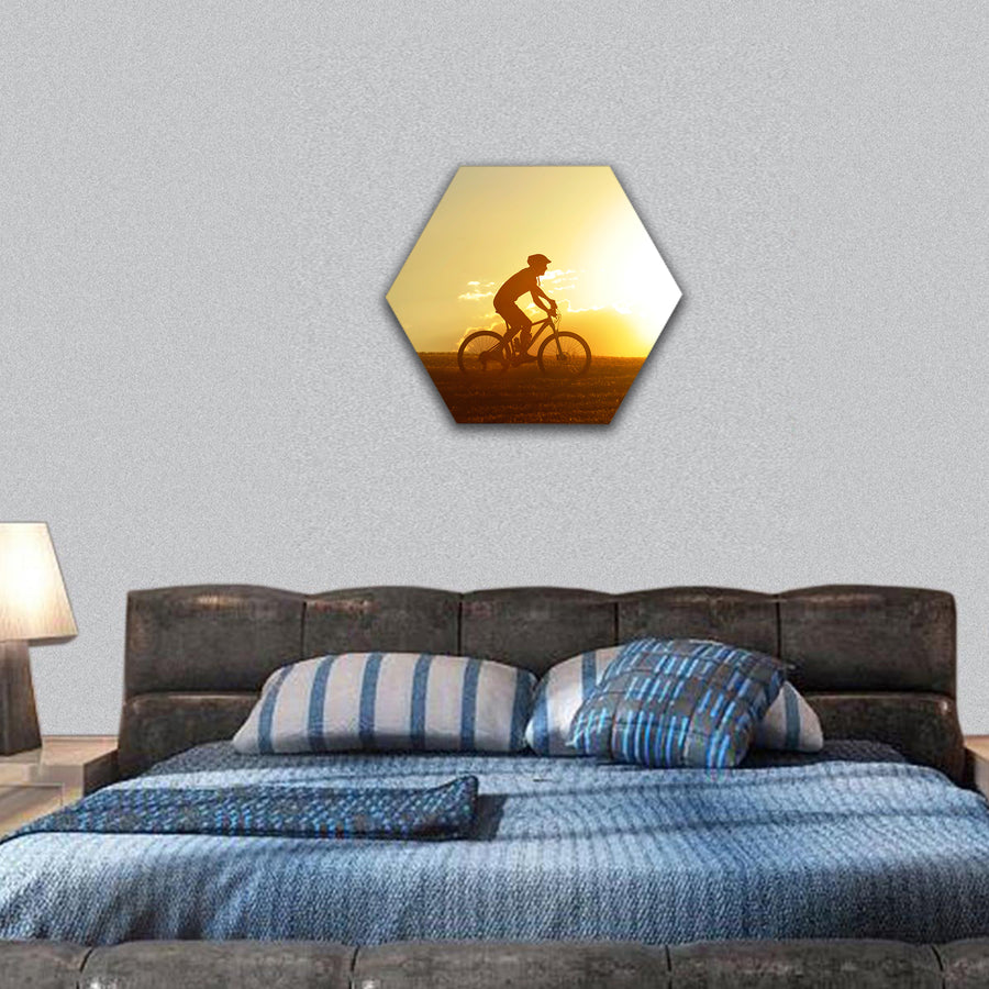 silhouette of sport man cycling uphill riding hexagonal canvas wall art