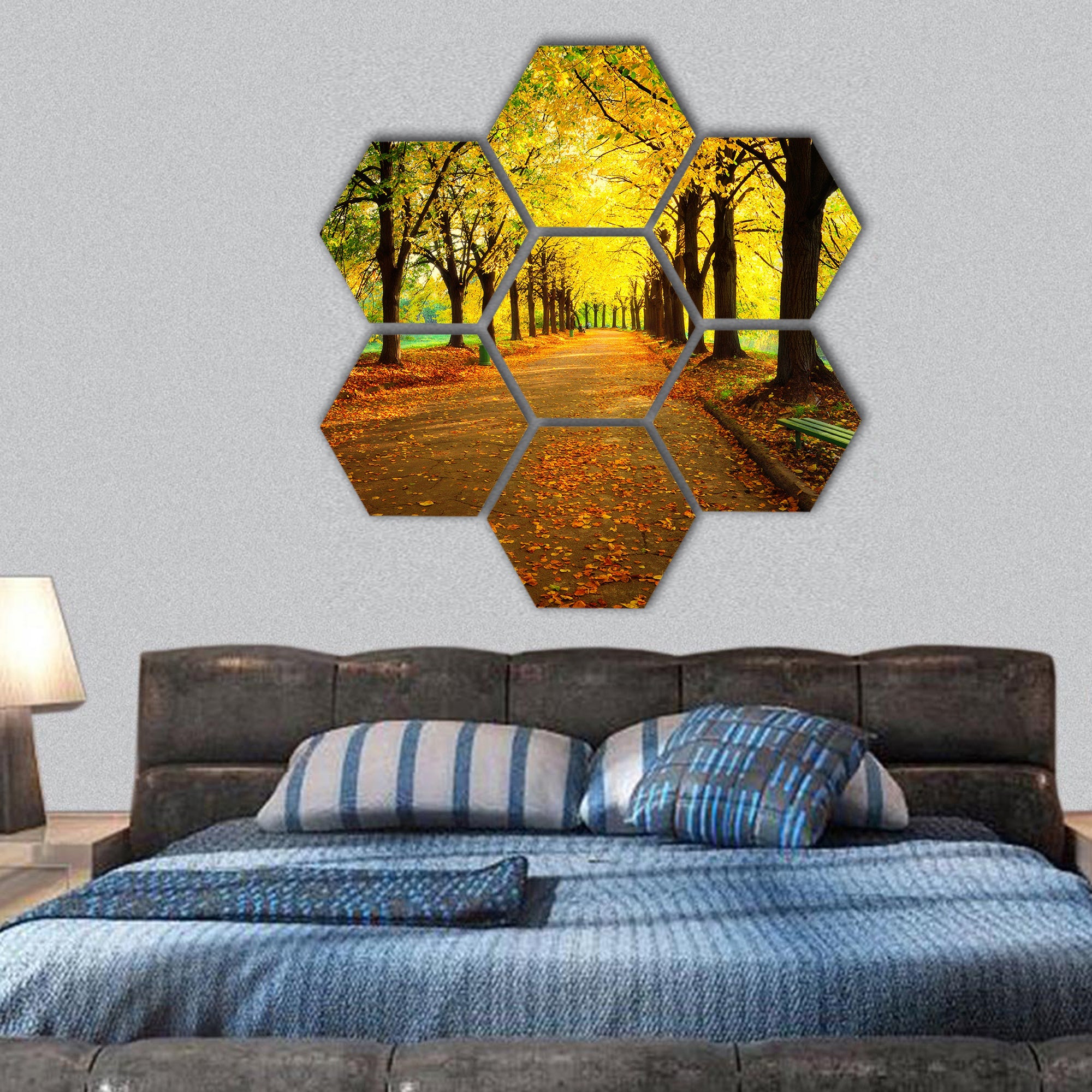 Autumn in city park hexagonal canvas wall art