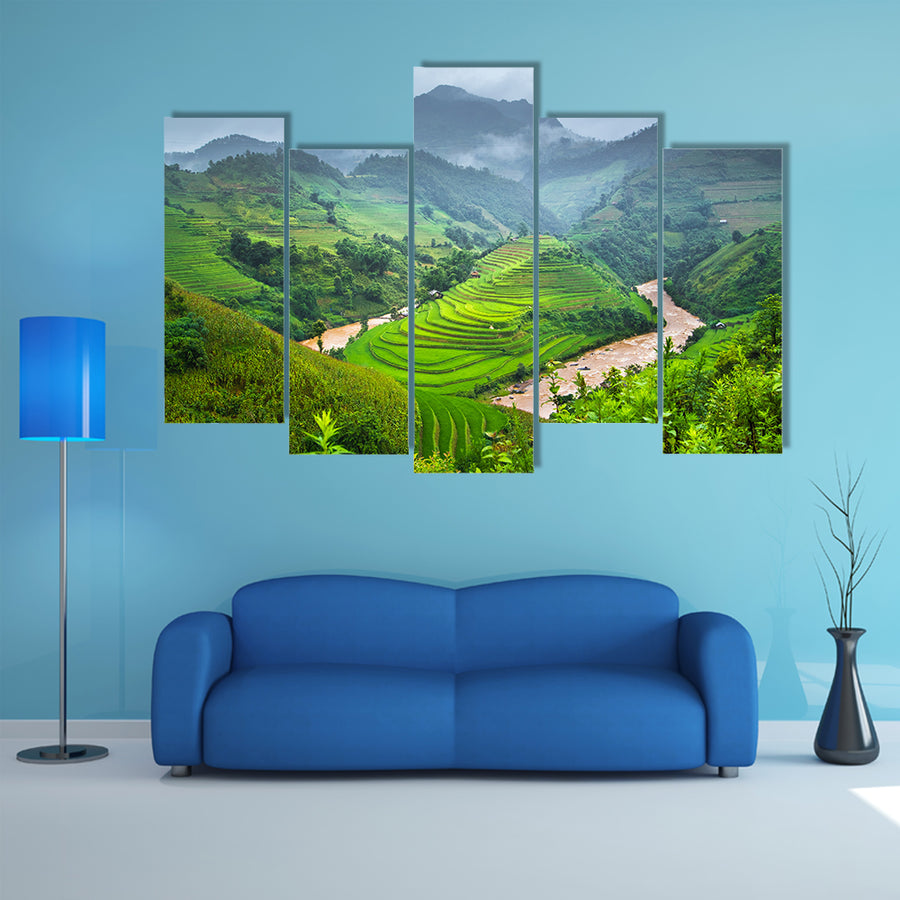 Green Rice fields on terraced in Mu cang chai, Vietnam multi panel canvas wall art