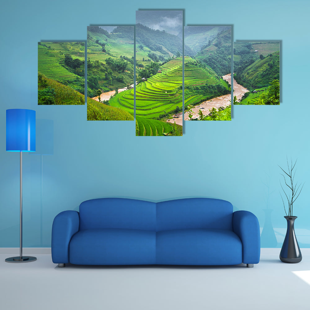 Green Rice fields on terraced in Mu cang chai, Vietnam multi panel canvas wall art