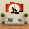 Orange Halloween night background with wolf and Moon multi panel canvas wall art