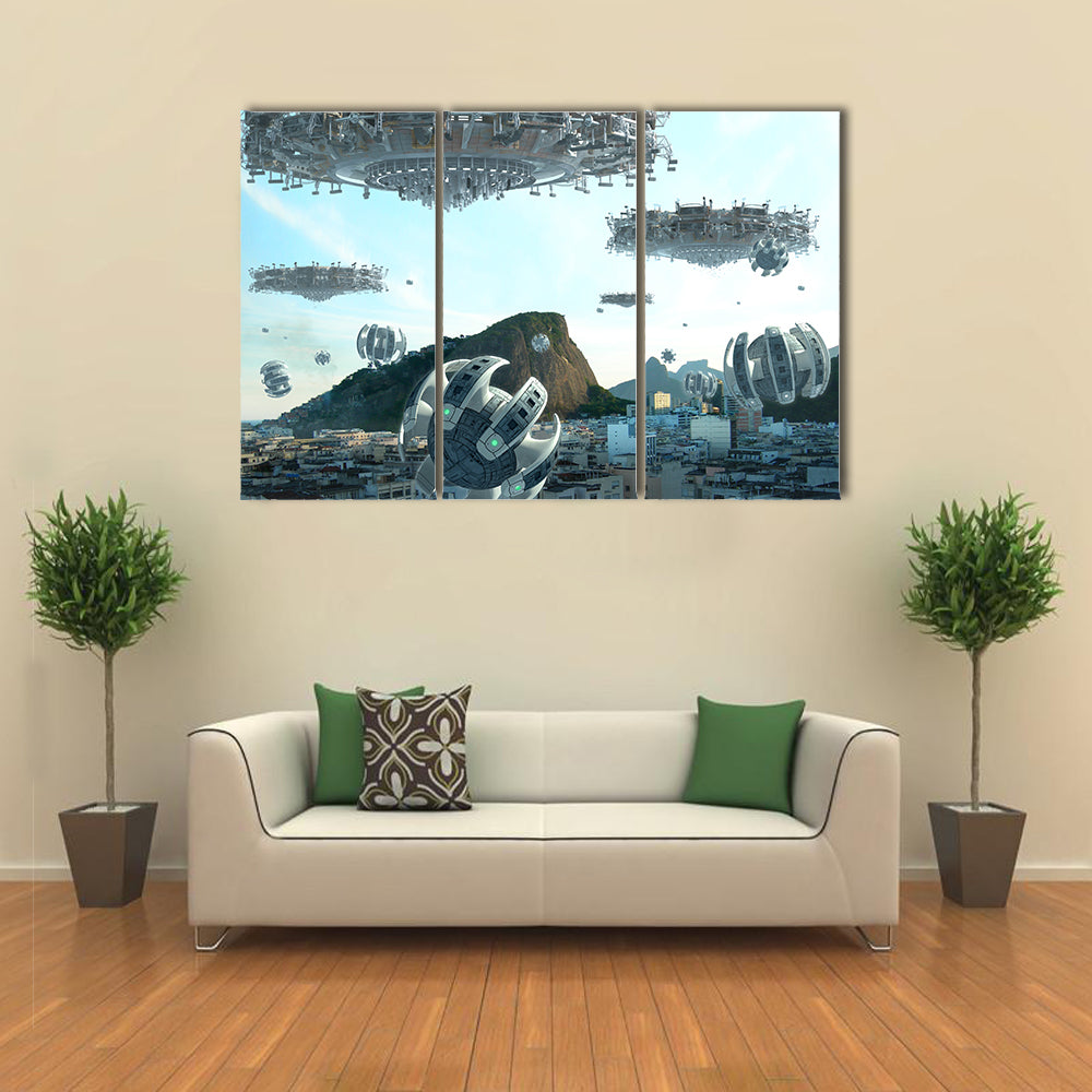 A Fleet of Spacecraft Over The Buildings Of Brazil Multi Panel Wall Art