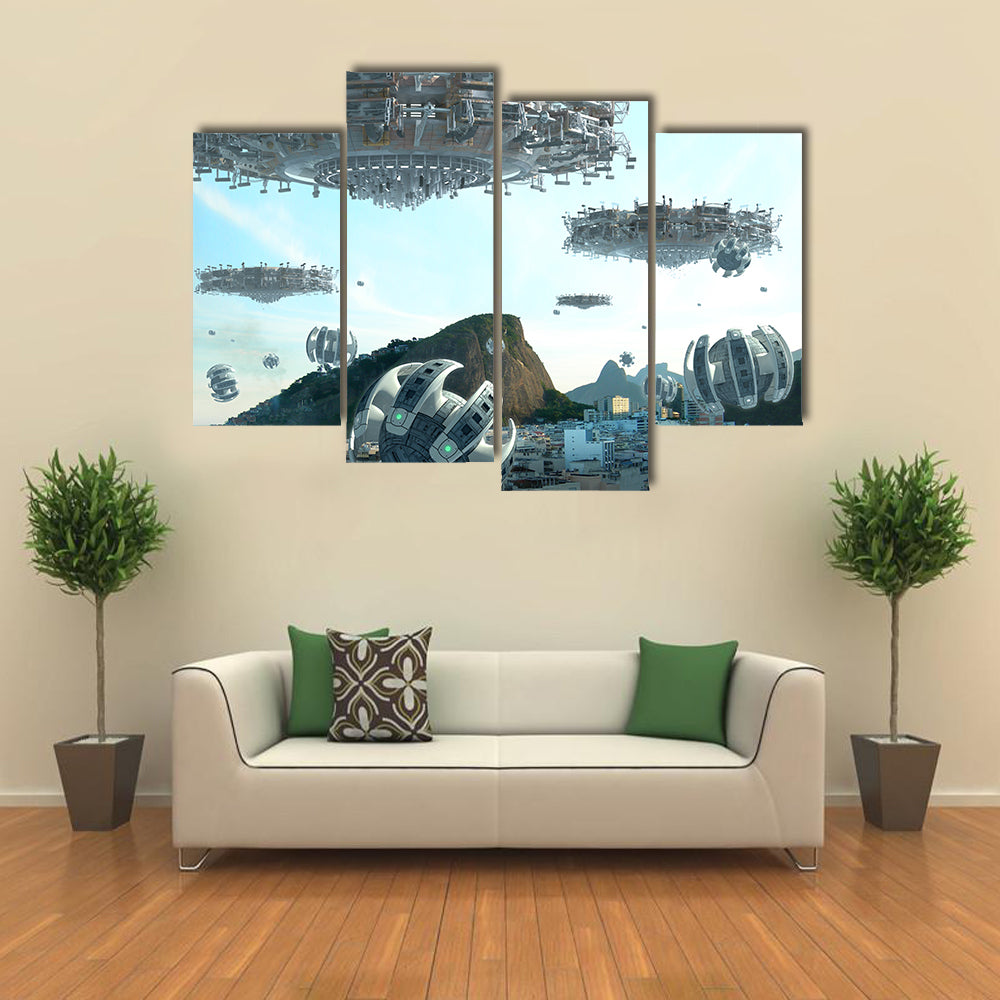 A Fleet of Spacecraft Over The Buildings Of Brazil Multi Panel Wall Art