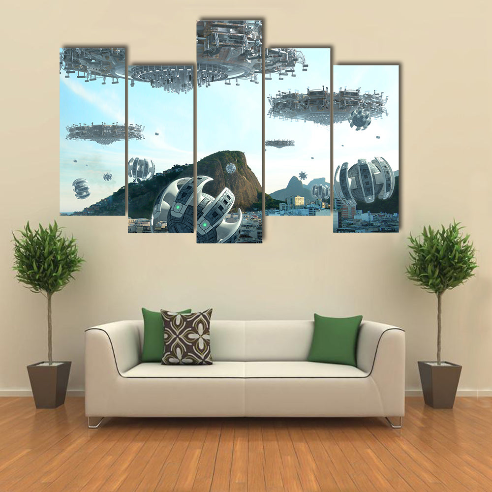 A Fleet of Spacecraft Over The Buildings Of Brazil Multi Panel Wall Art