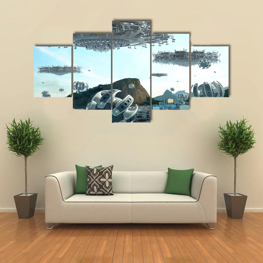 A Fleet of Spacecraft Over The Buildings Of Brazil Multi Panel Wall Art