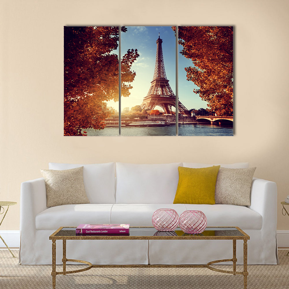 Seine in Paris with Eiffel tower in autumn time Multi panel canvas wall art