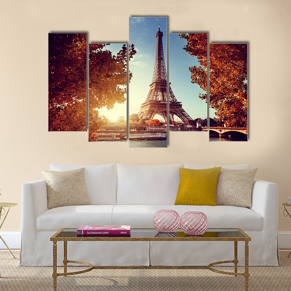 Seine in Paris with Eiffel tower in autumn time Multi panel canvas wall art