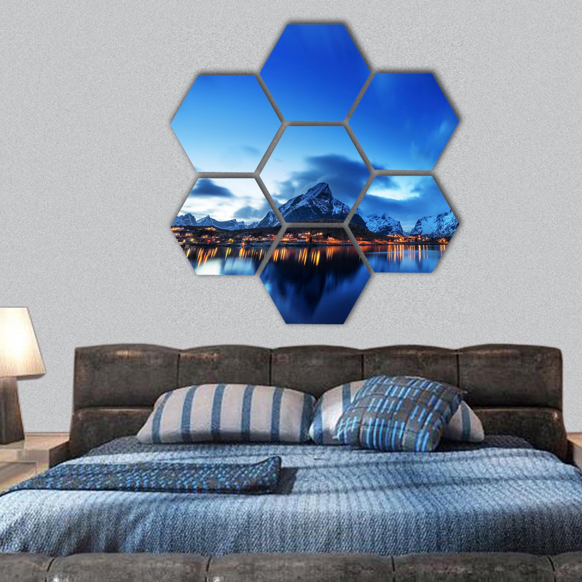 sunset in Reine Village, Lofoten Islands, Norway hexagonal canvas wall art