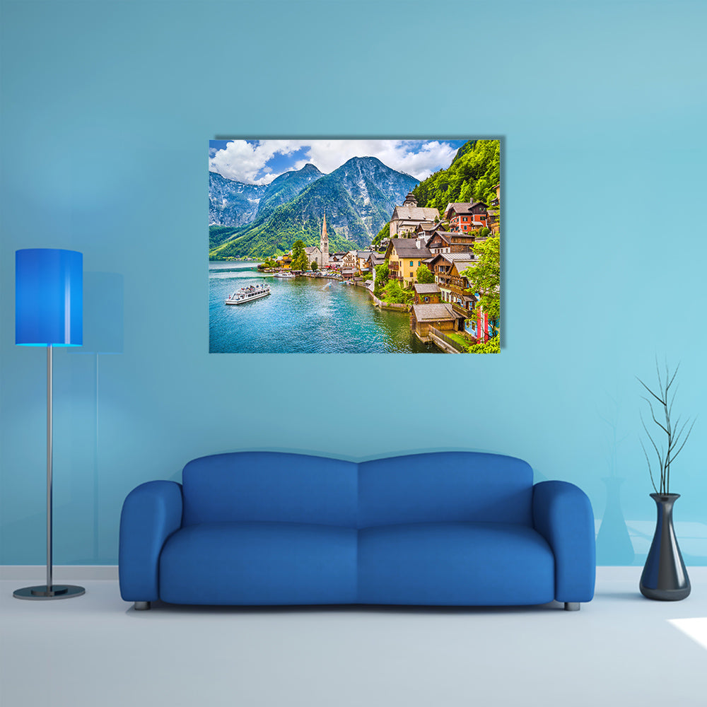 Scenic picture-postcard view of famous Hallstatt mountain multi panel canvas wall art